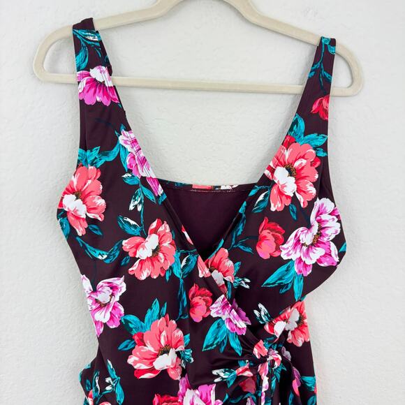 Embrace Your Curves Women Floral One Piece Bathing Swimsuit Burgundy XL 16/18 - Picture 2 of 9